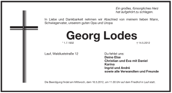 Traueranzeige von Georg Lodes von Pegnitz-Zeitung